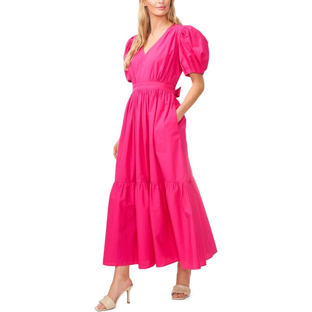 CeCe V-Neck Puff Sleeve Maxi Dress Bright Rose Hot Pink Barbiecore Size XS